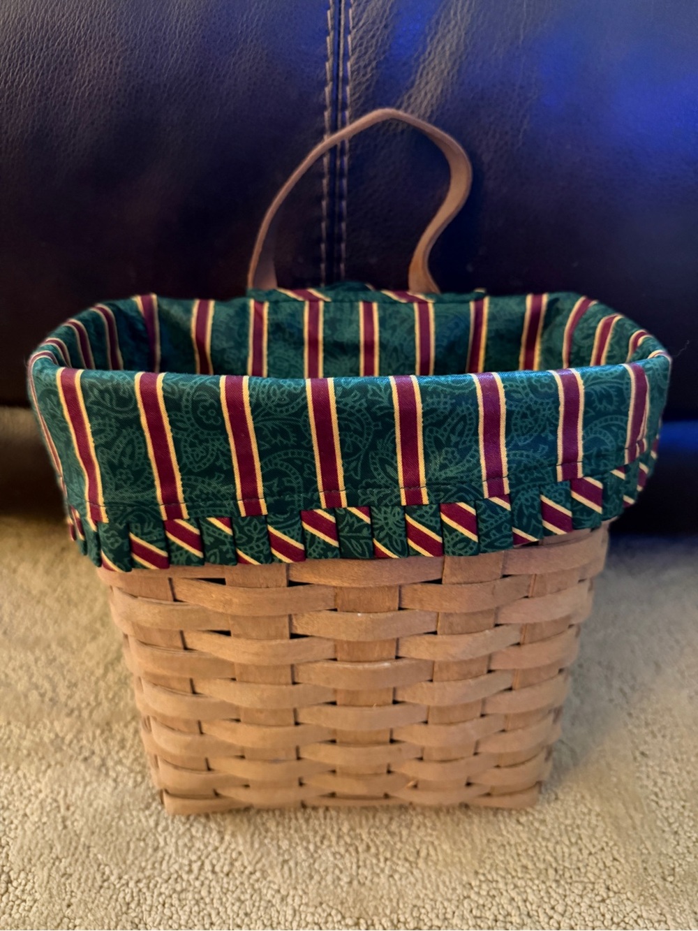 Longaberger Basket with Green and Burgundy Striped Liner